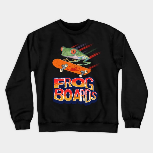 Cute and funny red eyed tree frog using a frog board to fly with leaping from skateboards tee Crewneck Sweatshirt by Danny Gordon Art